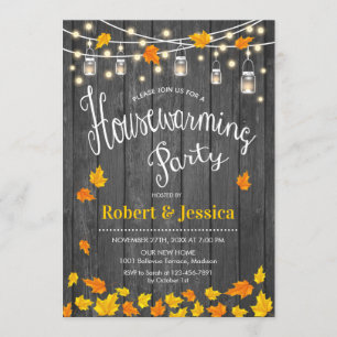 Rustic Housewarming Party - Gray Wood Fall Leaves Invitation