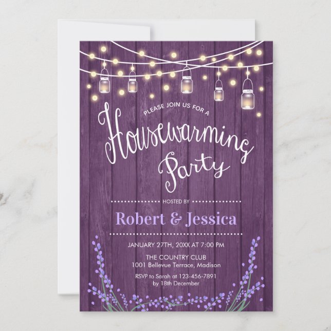Rustic Housewarming Party - Lavender Purple Wood Invitation (Front)