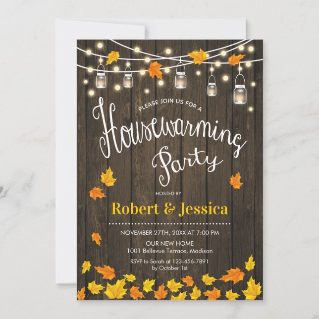 Rustic Housewarming Party - Wood Fall Leaves Invitation (Front)