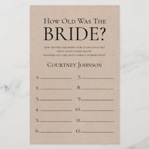 Rustic How Old Was The Bride Bridal Shower Game