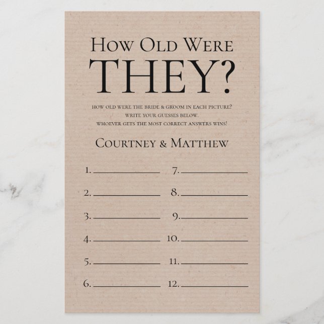 Rustic How Old Were They Bridal Shower Game (Front)