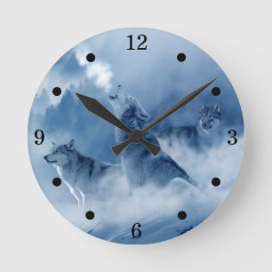 Rustic Howling Wolves Round Clock