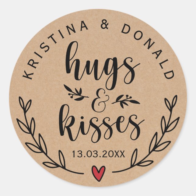 Rustic Hugs & Kisses Wedding | Bridal Shower  Clas Classic Round Sticker (Front)