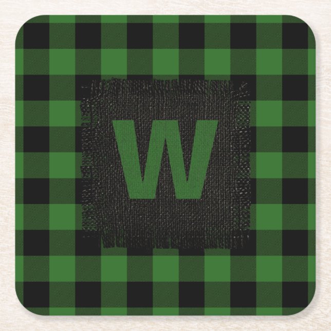 Rustic Hunter Green Black Buffalo Plaid Monogram Square Paper Coaster (Front)