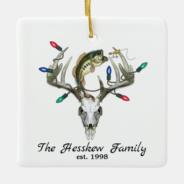 Rustic Hunting Fishing Deer Antlers Ceramic Ornament (Front)