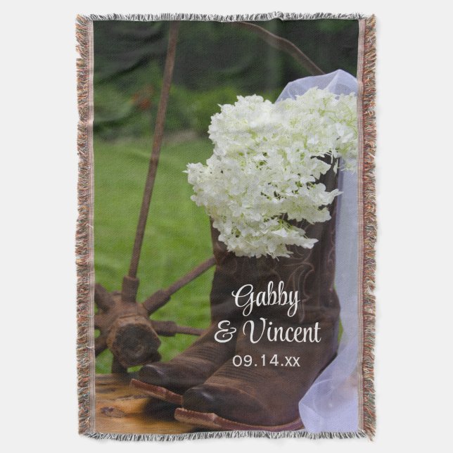 Rustic Hydrangea and Cowboy Boots Western Wedding Throw Blanket (Front Vertical)
