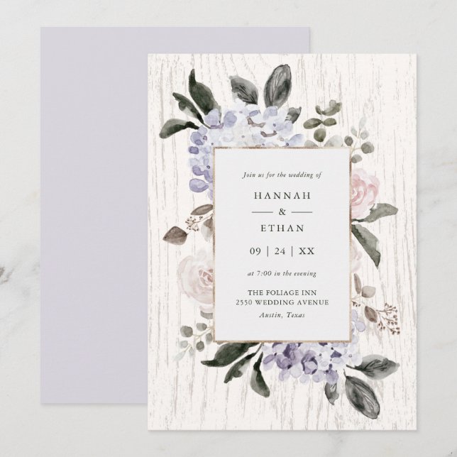 Rustic Hydrangea Floral | White Wood Look Wedding Invitation (Front/Back)