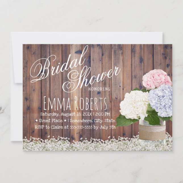Rustic Hydrangea Jar Baby's Breath Bridal Shower Invitation (Front)