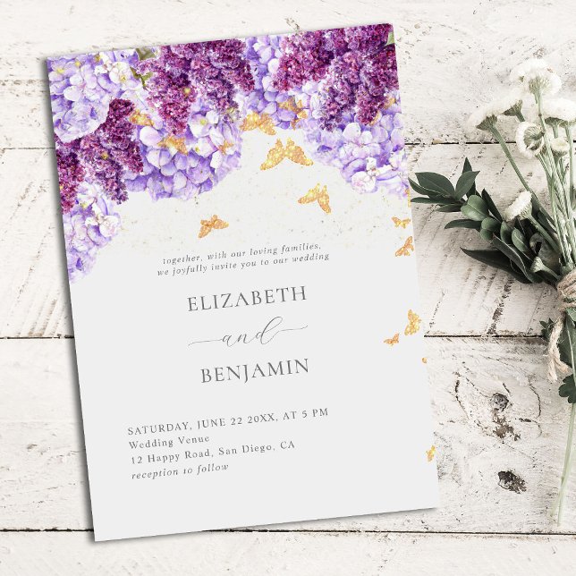 Rustic Hydrangea Lilac Butterflies Elegant Wedding Invitation (Creator Uploaded)