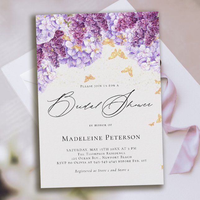 Rustic Hydrangea Lilac Butterfly Bridal Shower Invitation (bridal shower invitation hydrangea lilac butterflies boho romantic purple gold pink)
