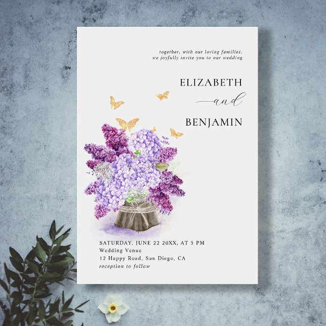 Rustic Hydrangea Lilac Butterfly Gold Chic Wedding Invitation (Creator Uploaded)