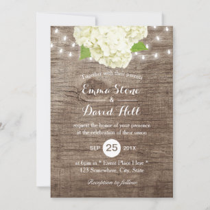 Rustic Hydrangea & String Lights Barn Wood Wedding Invitation