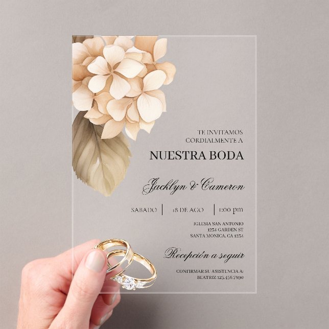 Rustic Hydrangea with ring Spanish Wedding Acrylic Invitations (Insitu (Handheld))