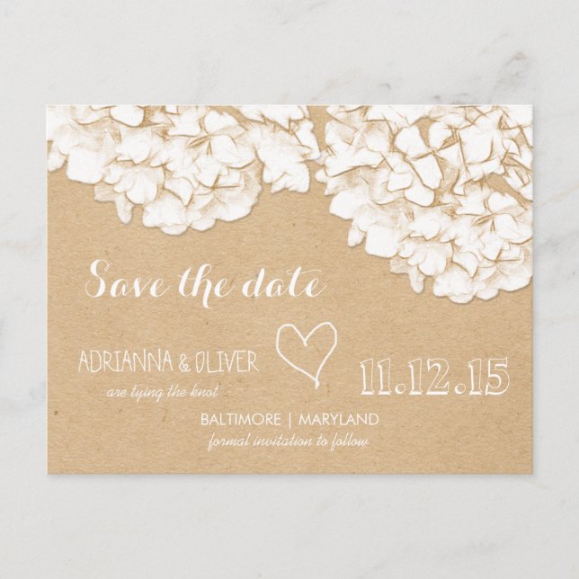 Rustic Hydrangeas Floral Save The Date Announcement Postcard (Front)