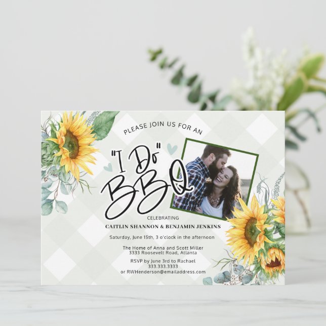 Rustic I Do BBQ Sunflower Bridal Shower Photo Invi Invitation (Standing Front)
