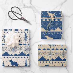 Rustic Icelandic Sweater Winter Animals Blue Beige Wrapping Paper Sheet