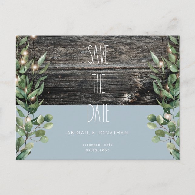 Rustic Icy Blue Foliage Wedding Save the Date  Postcard (Front)