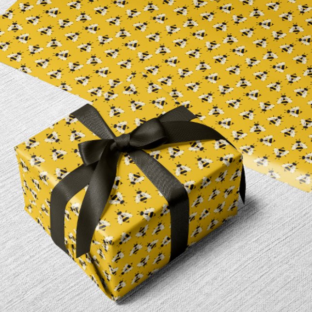 Rustic Illustrated Bumble Bee Wrapping Paper (Yellow illustrated bee patterned wrapping paper)