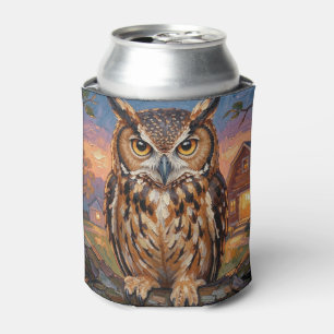 Rustic Impasto Great Horned Owl Can Cooler