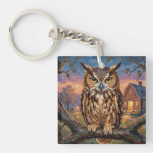 Rustic Impasto Great Horned Owl  Key Ring