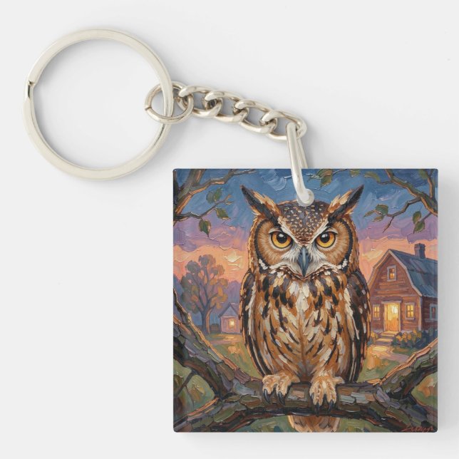 Rustic Impasto Great Horned Owl  Key Ring (Front)