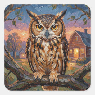 Rustic Impasto Great Horned Owl  Square Sticker