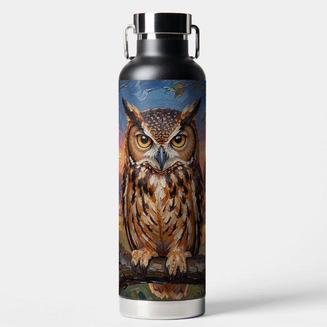 Rustic Impasto Great Horned Owl  Water Bottle (Front)
