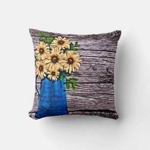 Rustic impressionism blue vase summer daisy cushion