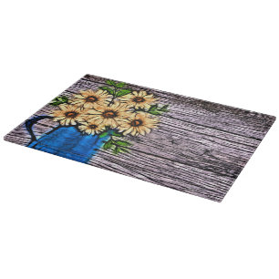 Rustic impressionism blue vase summer daisy cutting board