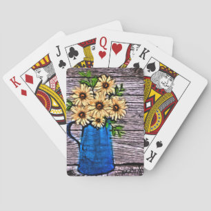 Rustic impressionism blue vase yellow daisy playing cards