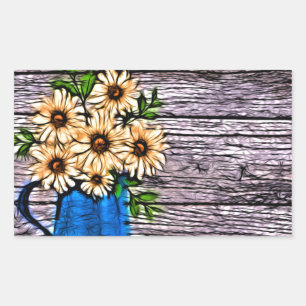 Rustic impressionism blue vase yellow daisy rectangular sticker