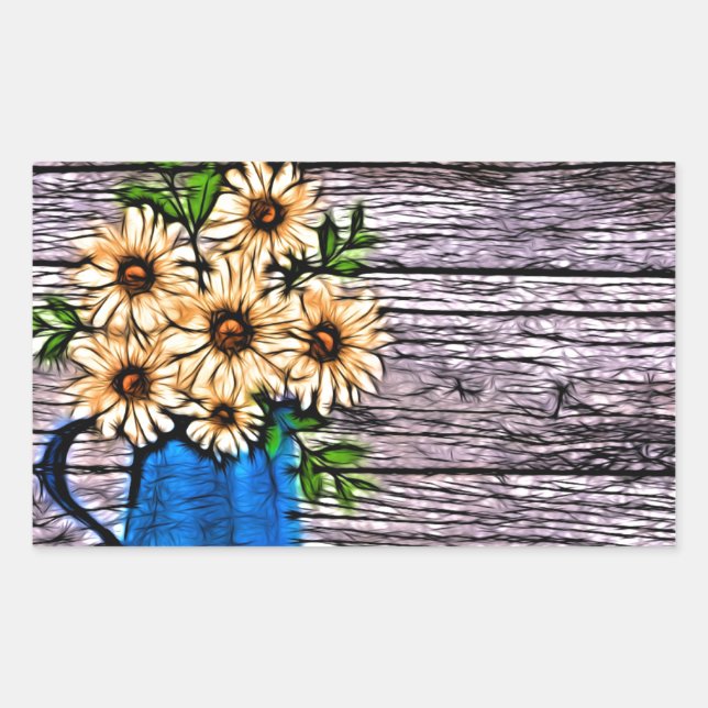 Rustic impressionism blue vase yellow daisy rectangular sticker (Front)