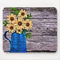Rustic impressionism blue vase yellow sunflower