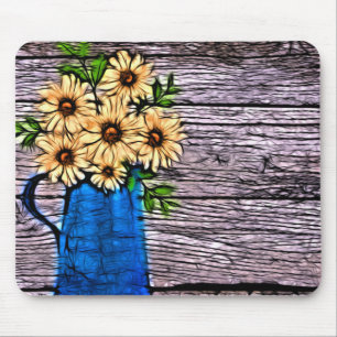 Rustic impressionism blue vase yellow sunflower mouse mat