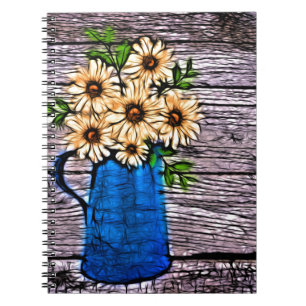 Rustic impressionism blue vase yellow sunflower notebook