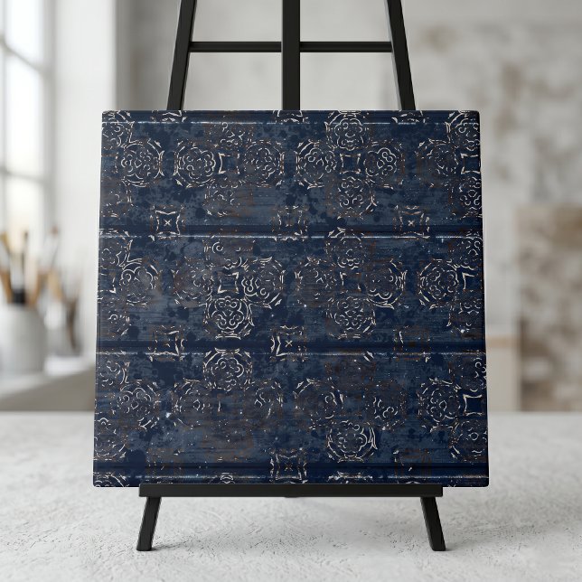 Rustic Indigo Blue Damask On Scratched Wood Tile (Creator Uploaded)