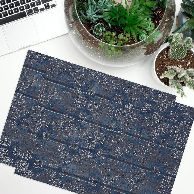 Rustic Indigo Blue Damask On Scratched Wood Tissue Paper (Creator Uploaded)