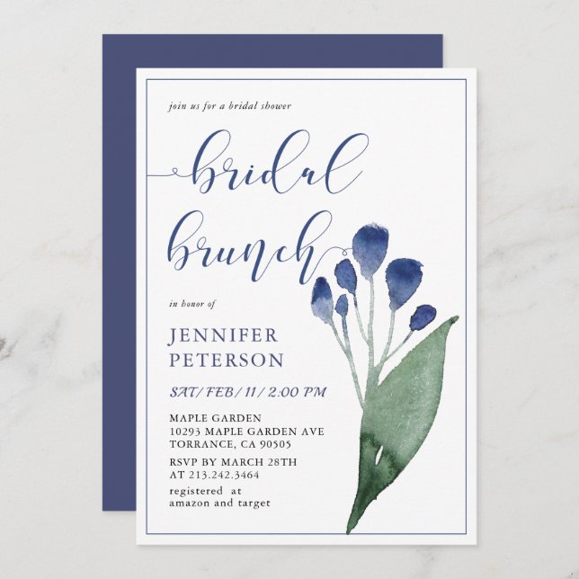 Rustic Indigo Blue Flower Bridal Brunch Invitation (Front/Back)
