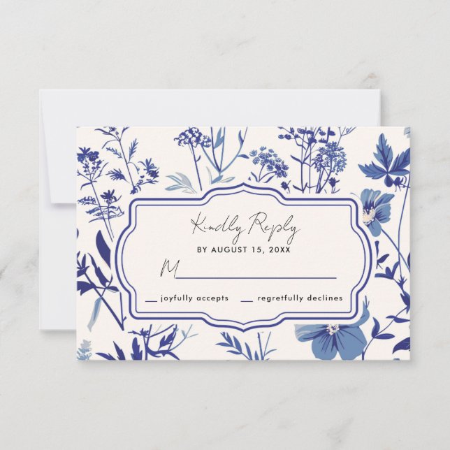 Rustic Indigo Blue Wildflower Wedding RSVP (Front)