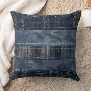 Rustic Indigo Denim Patchwork Pattern Cushion