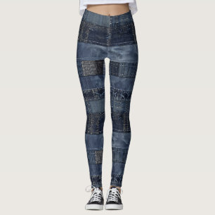 Rustic Indigo Denim Patchwork Pattern Leggings