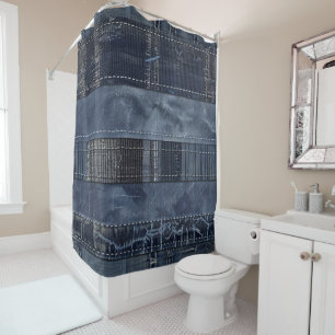 Rustic Indigo Denim Patchwork Pattern Shower Curtain