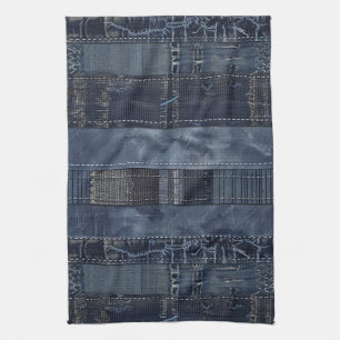 Rustic Indigo Denim Patchwork Pattern Tea Towel
