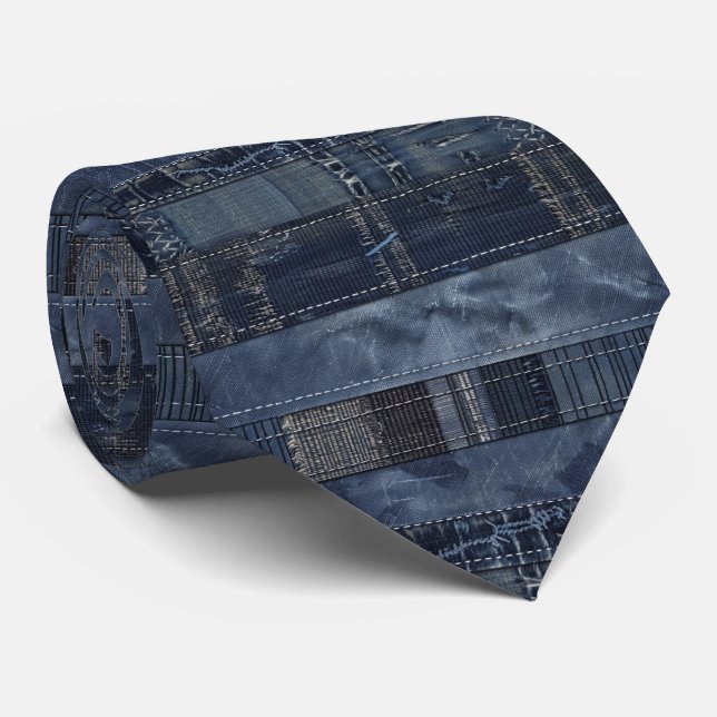 Rustic Indigo Denim Patchwork Pattern Tie (Rolled)
