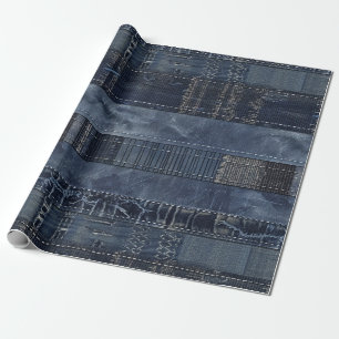 Rustic Indigo Denim Patchwork Pattern Wrapping Paper