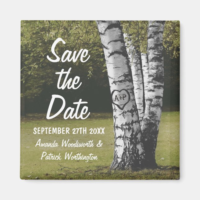 Rustic Initials Birch Tree Wedding Save the Date Magnet (Front)