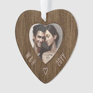 Rustic Initials in Wood - Carved Look Heart Photo Ornament