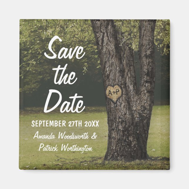 Rustic Initials Old Oak Tree Wedding Save the Date Magnet (Front)