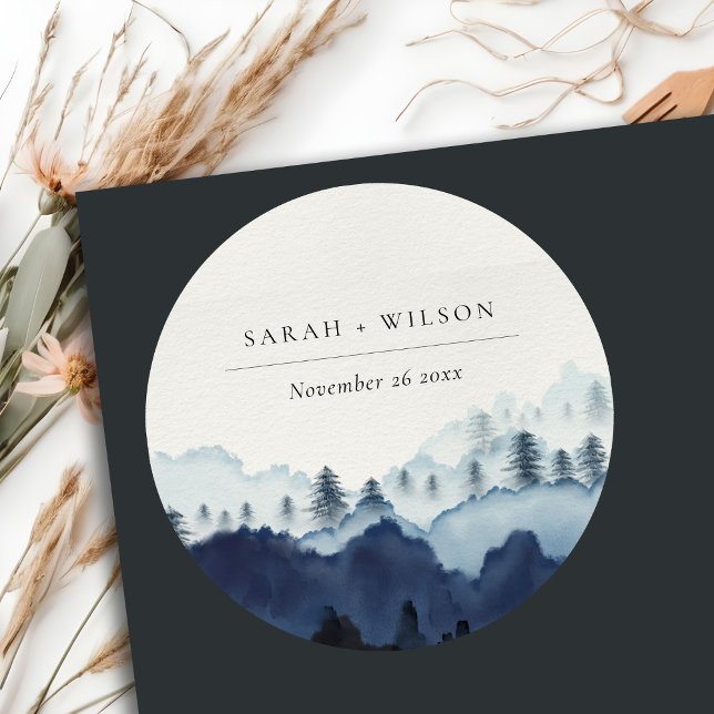 Rustic Ink Blue Navy Pine Woods Mountain Wedding Classic Round Sticker (Creator Uploaded)