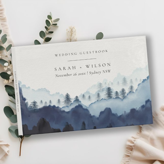 Rustic Ink Blue Navy Pine Woods Mountain Wedding Guest Book (Creator Uploaded)